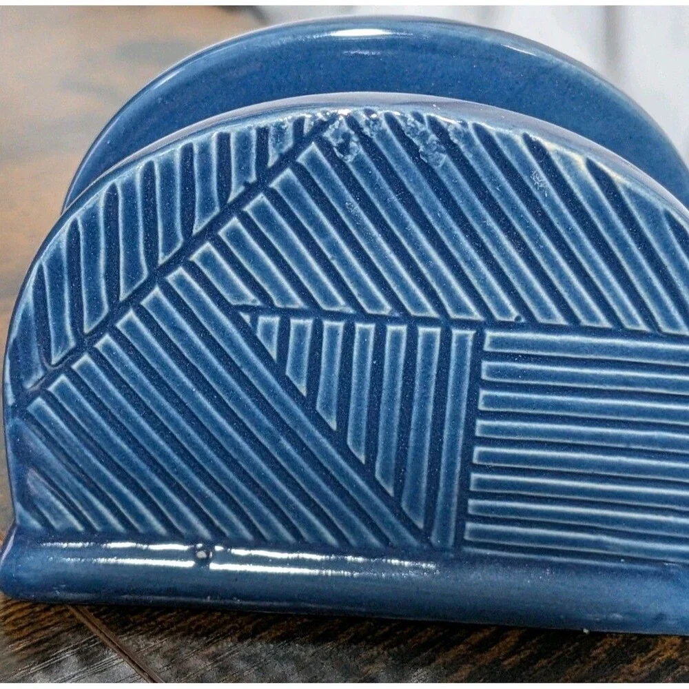 Vintage 90s Geometric Blue Napkin Letter Holder Desk Kitchen Decor Ceramic